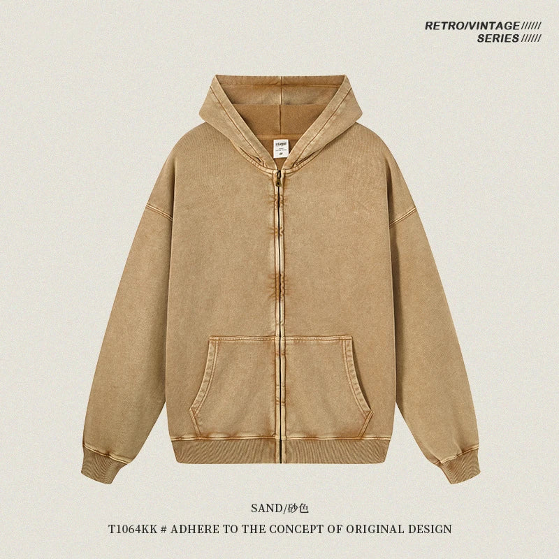 ZODF Retro Autumn Batik Washed 100% Cotton 420gsm Terry Oversized Distressed Zipper Hoodie Unisex HY0936 - Sand Color