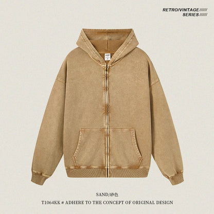 ZODF Retro Autumn Batik Washed 100% Cotton 420gsm Terry Oversized Distressed Zipper Hoodie Unisex HY0936 - Sand Color