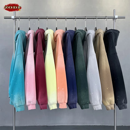 ZODF Trendy Men Washed 360gsm Fleece Hoodies Unisex Oversized Warm Paint Distressed Hooded Pullovers Winter Coat HY0947