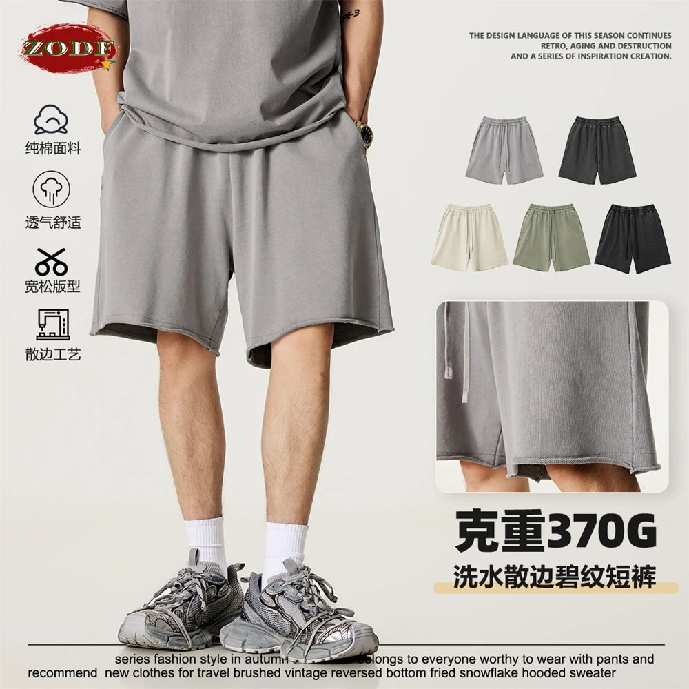 ZODF Retro Summer Washed 370gsm Cotton Shorts For Men Unisex High Street Loose Edge Distressed Solid Shorts Brand Clothes HY1023