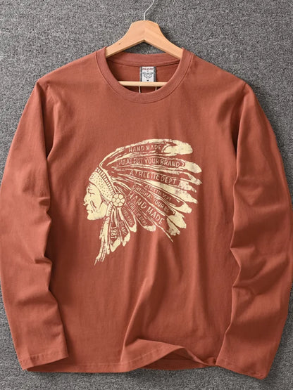 Autumn New American Retro Long Sleeve O-neck Indian Printed T-shirt Men's Fashion 100% Cotton Washed Casual Bottoming Tops