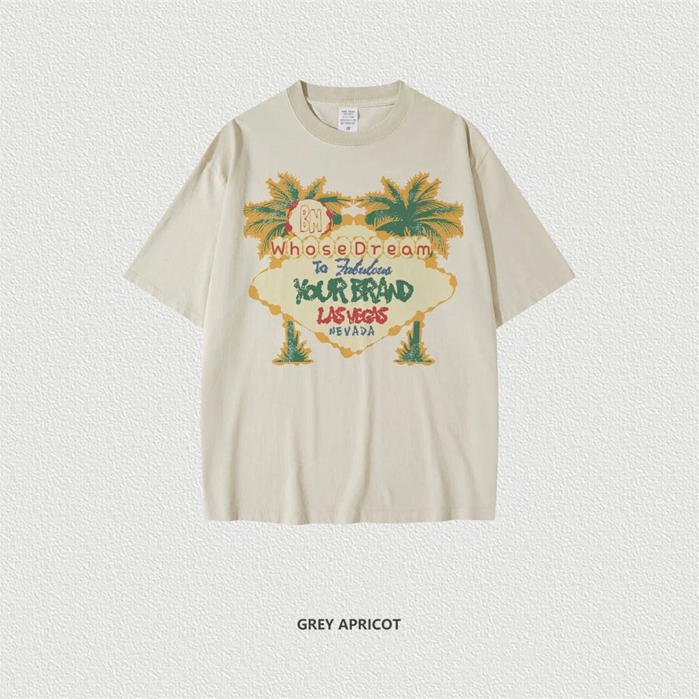 ZODF New Men High Street Washed T-Shirts Unisex Loose Tree Printing 285gsm Cotton O Neck T Shirt For Summer HY0512