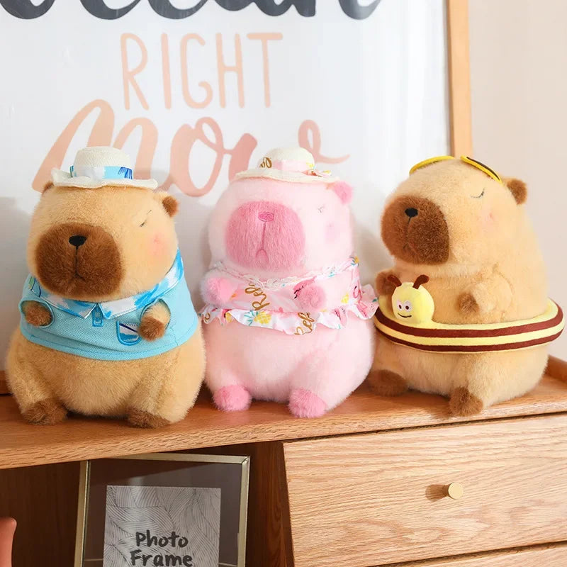 Pink Capybara Plush Toy Stuffed Seaside Beach Dress Blue Shirt Swim Ring Bee Decor Capibara Plushie Boy Hawaii Vacation Style