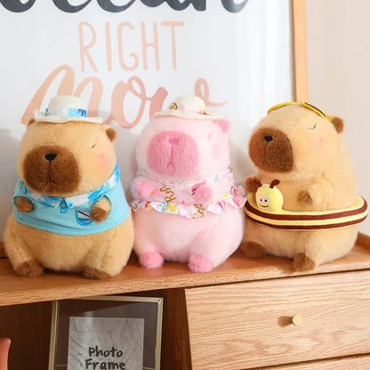 Pink Capybara Plush Toy Stuffed Seaside Beach Dress Blue Shirt Swim Ring Bee Decor Capibara Plushie Boy Hawaii Vacation Style