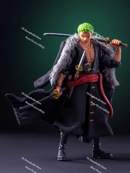 1/12 Anime One Piece Roronoa Zoro Man Soldier Mini Hemline Long Black Green Windbreaker Coat Toys Accessory For 6" Shf Figure