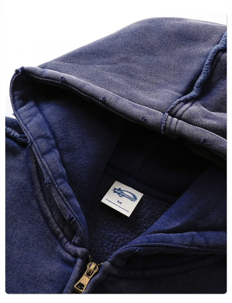 ZODF Vintage Man's Batik Washed Fleece Zipper Hoodie Unisex Winter Warm Distressed Hooded Coat Pullovers Brand Clothing HY1146