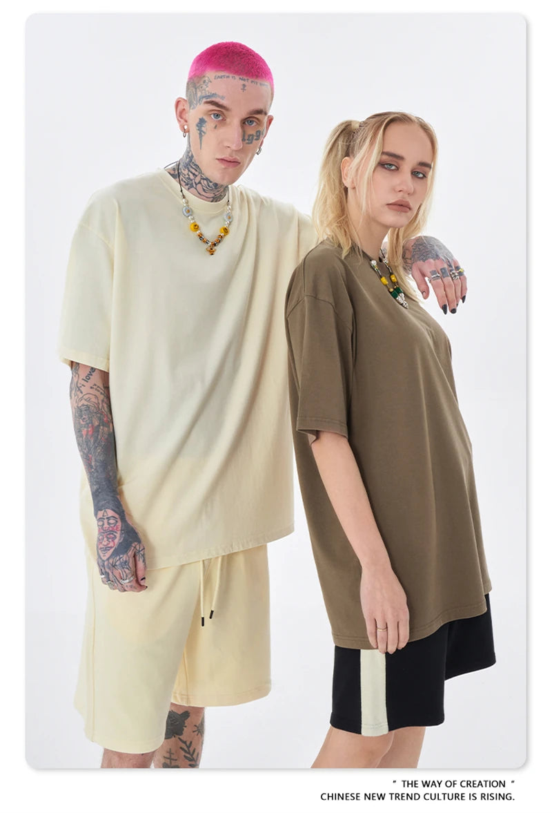 ZODF Trendy Summer 260gsm Cotton Oversized T Shirts For Men Unisex Male Kanye West High Street Solid Tees Brand Tops HY0122