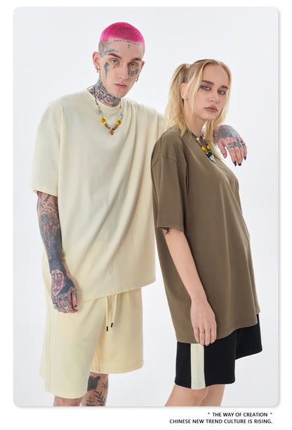 ZODF Trendy Summer 260gsm Cotton Oversized T Shirts For Men Unisex Male Kanye West High Street Solid Tees Brand Tops HY0122