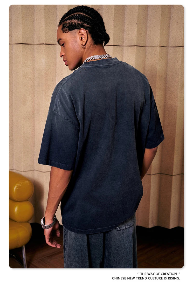 ZODF 2024 Summer Men Washed Gradient T-Shirts Unisex Women Distressed 250gsm Cotton T Shirt Brand Tees Streetwears HY0814