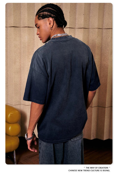 ZODF 2024 Summer Men Washed Gradient T-Shirts Unisex Women Distressed 250gsm Cotton T Shirt Brand Tees Streetwears HY0814