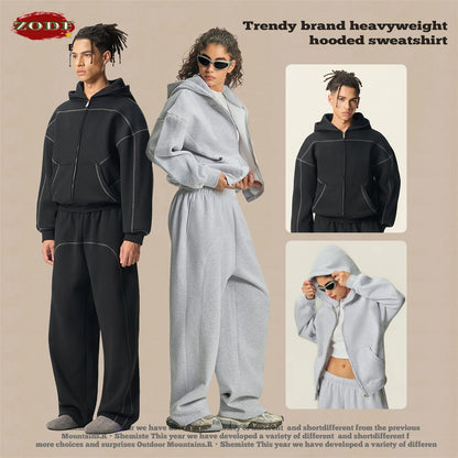 ZODF New Winter 350gsm Man Fleece Boxy Fit Zipper Hoodie Unisex Hip Hop Solid Warm Hooded Coat Brand Jackets HY0034