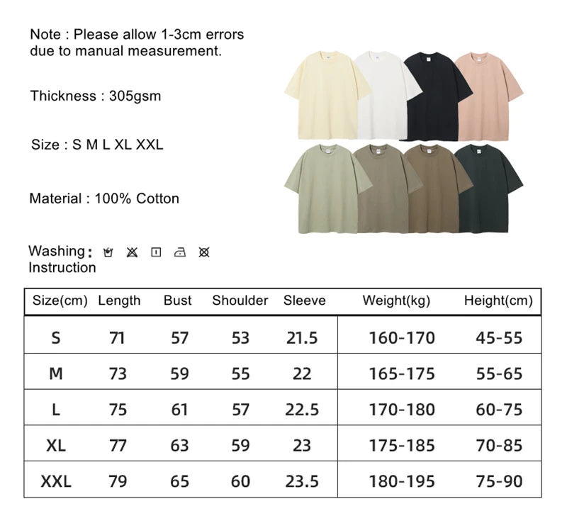 ZODF New Summer Men 100% Cotton Solid T Shirts Unisex High Street Heavy Weight 305gsm Oversized FG Noshrink T-Shirt Tops HY0165