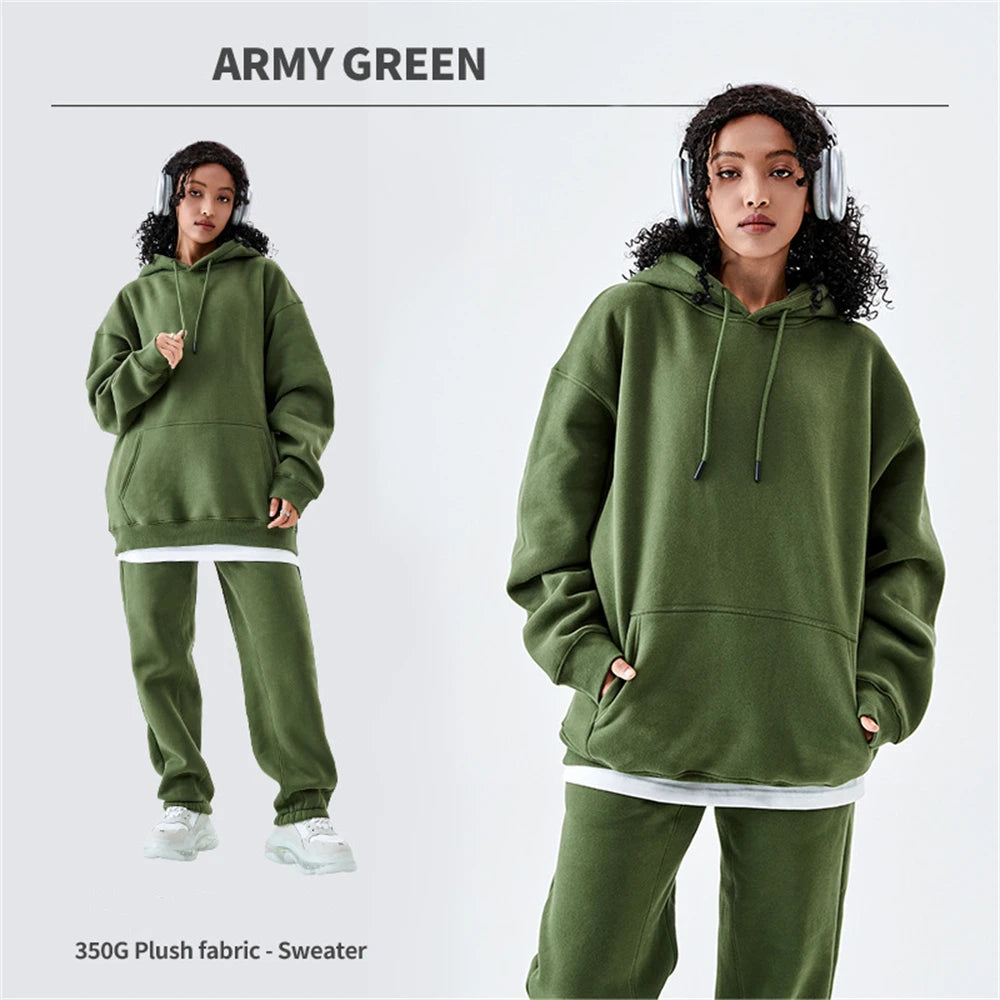 ZODF Casual Winter Men 350gsm Fleece Hoodie Unisex Loose Warm Solid Hooded Sweatshirt Pullover 18 Colors HY0728 - army