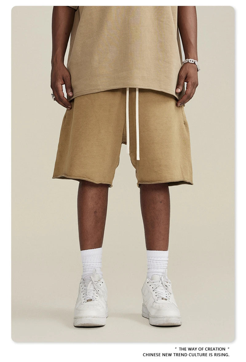 ZODF New Summer Men Retro Washed Shorts Unisex Drawstring Loose Edge 420gsm Solid Knee Length Cotton Pants Streetwears HY0589