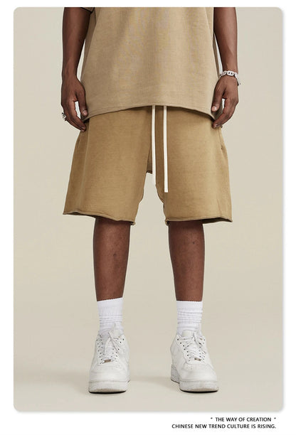 ZODF New Summer Men Retro Washed Shorts Unisex Drawstring Loose Edge 420gsm Solid Knee Length Cotton Pants Streetwears HY0589