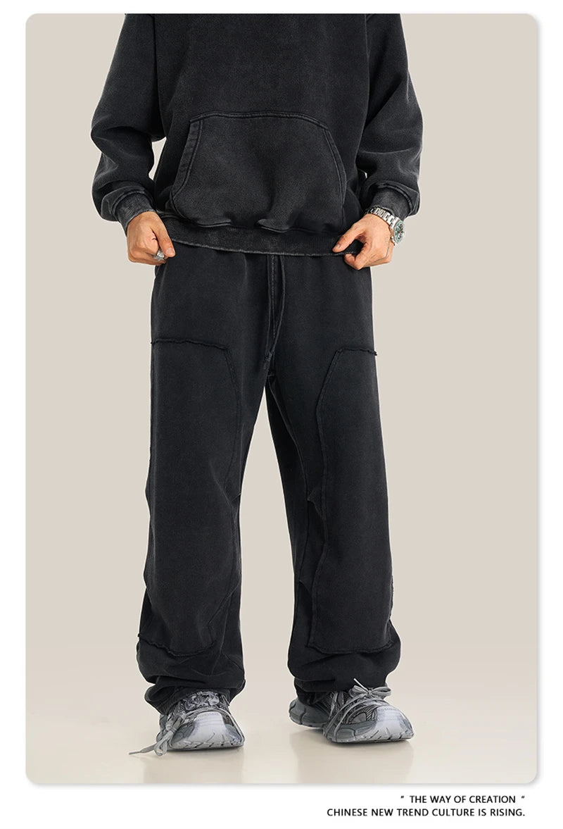 ZODF Fashion 2024 Winter Patches Fleece Straight Pants Retro Unisex Loose Washed 305gsm Warm Soft Trousers Brand Bottoms HY0872