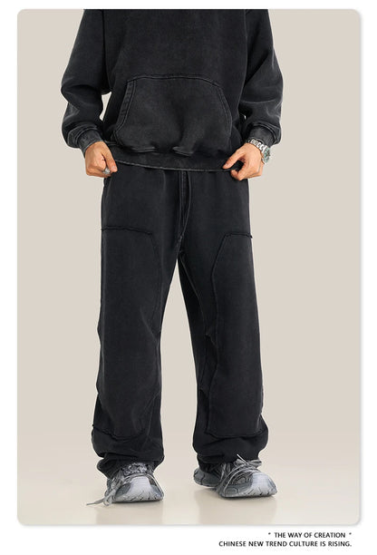 ZODF Fashion 2024 Winter Patches Fleece Straight Pants Retro Unisex Loose Washed 305gsm Warm Soft Trousers Brand Bottoms HY0872