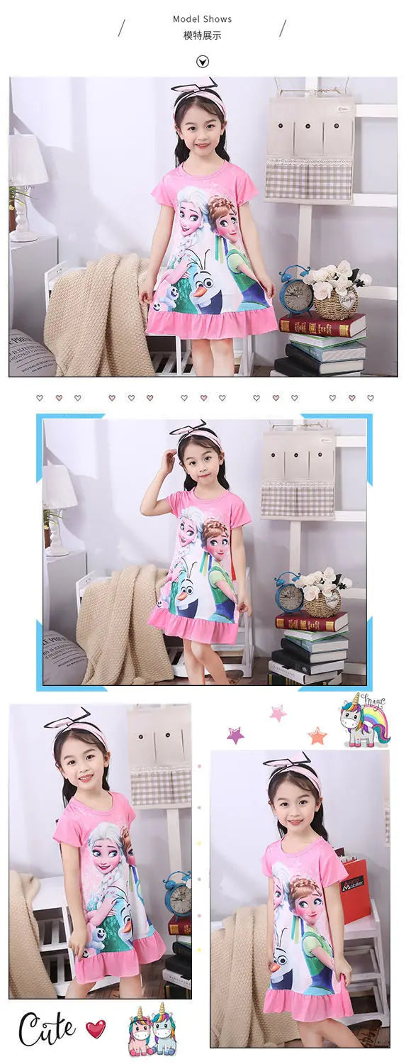 Girls Night Dress Summer Cartoon Snow White Frozen Princess Elsa Mermaid Print Toddler Girl Nightgown for Teens