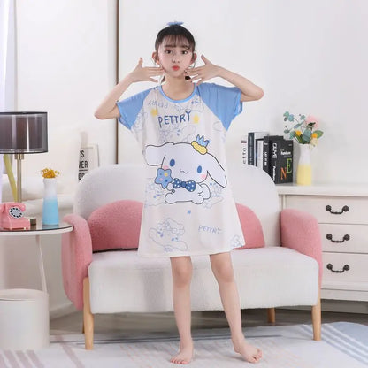 MINISO Children Home Clothing Girls Night Dress Summer Short Sleeve Disney Hello Kitty Cat Toddler Girl Pjs Nightgown Sleepwear