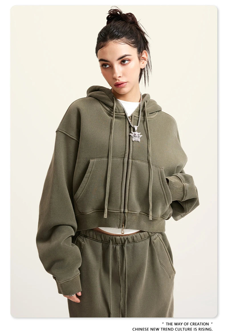 ZODF Retro 2025 Winter Women Short Zipper Hoodies Female Girls Loose 355gsm Thick Fleece Hooded Zip-up Coat Streetwears HY0448