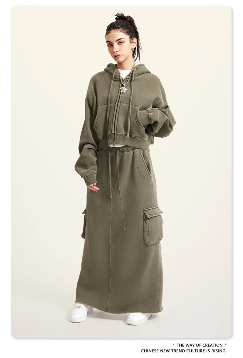 ZODF Retro 2025 Winter Women Short Zipper Hoodies Female Girls Loose 355gsm Thick Fleece Hooded Zip-up Coat Streetwears HY0448