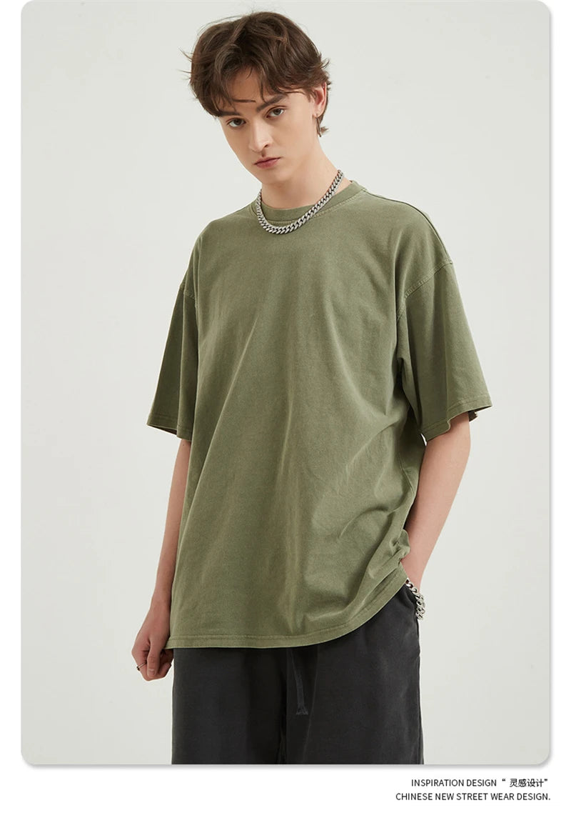 ZODF Men 2024 Retro Summer Washed Solid Cotton T-Shirts Unisex Retro Loose High Street 250gsm Basic Tees Streerwears HY0075