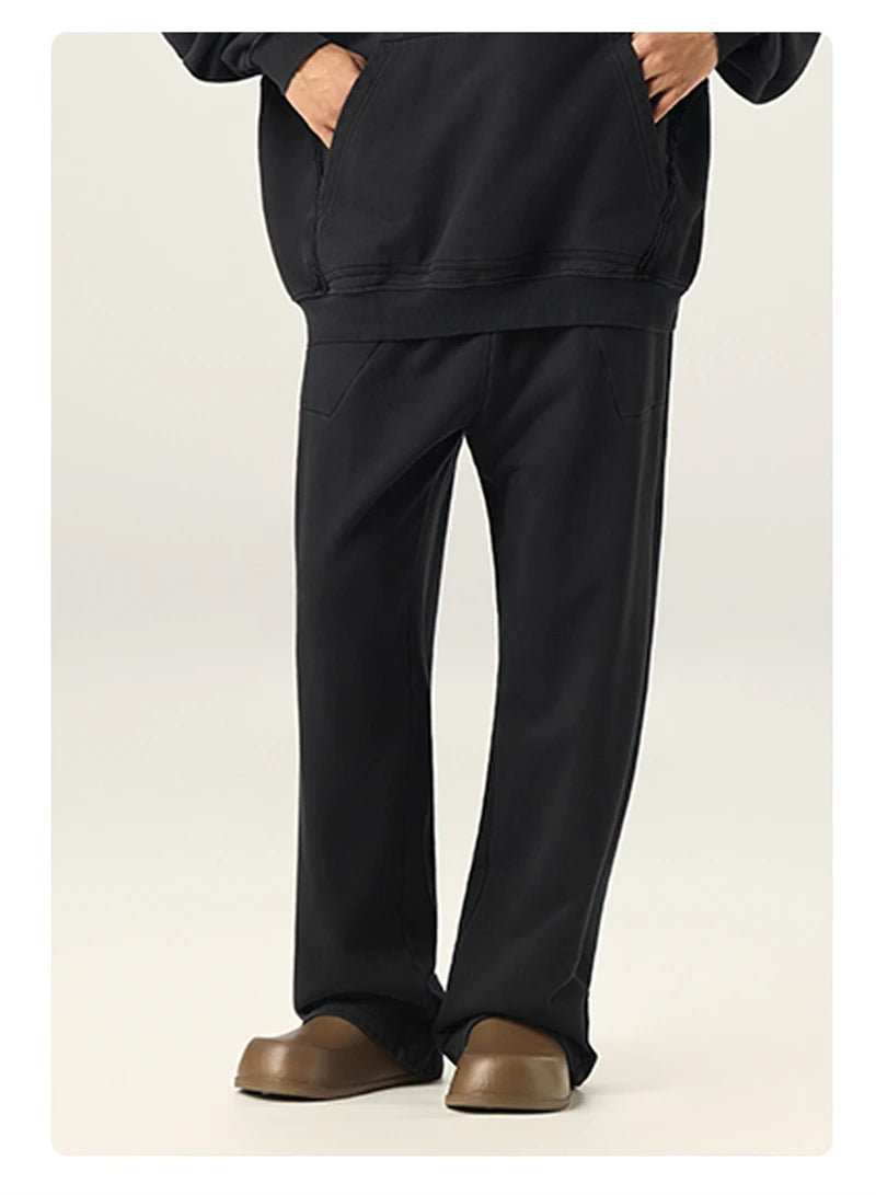 ZODF Retro High Street 420gsm Cotton Straight Pants For Man Unisex Loose Fit Distressed Sport Trousers Sweatpants HY0051