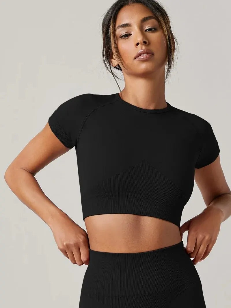Women Seamless Yoga Top Short Sleeve Sport T-Shirt Fitness Gym Running Activewear - black / M