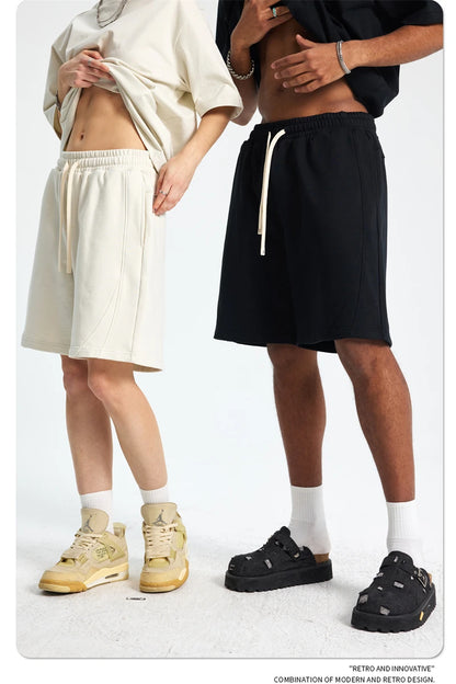 ZODF Trendy 2025 Men Summer Patchwork 345gsm Shorts Unisex Casual High Street Loose Fit Sport Solid Shorts Streetwears HY1053