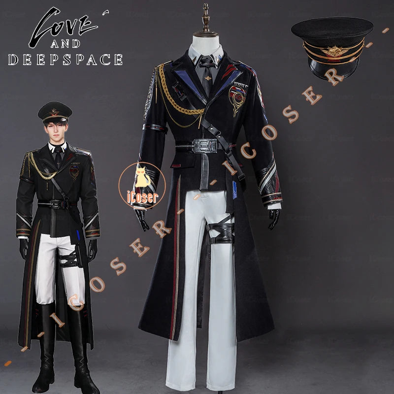 iCoser Love and Deepspace Caleb Cosplay Costume Wig Farspace Colonel Uniform Trench Hat Halloween Party Women Men Carnival Props