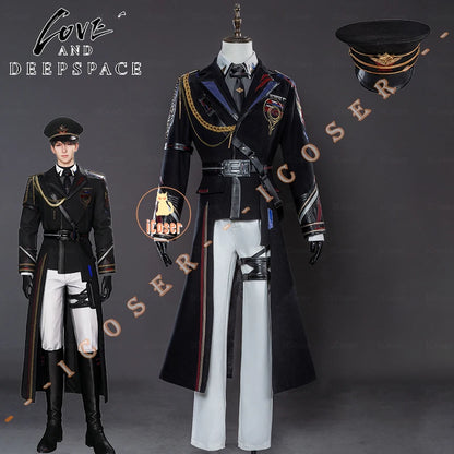 iCoser Love and Deepspace Caleb Cosplay Costume Wig Farspace Colonel Uniform Trench Hat Halloween Party Women Men Carnival Props
