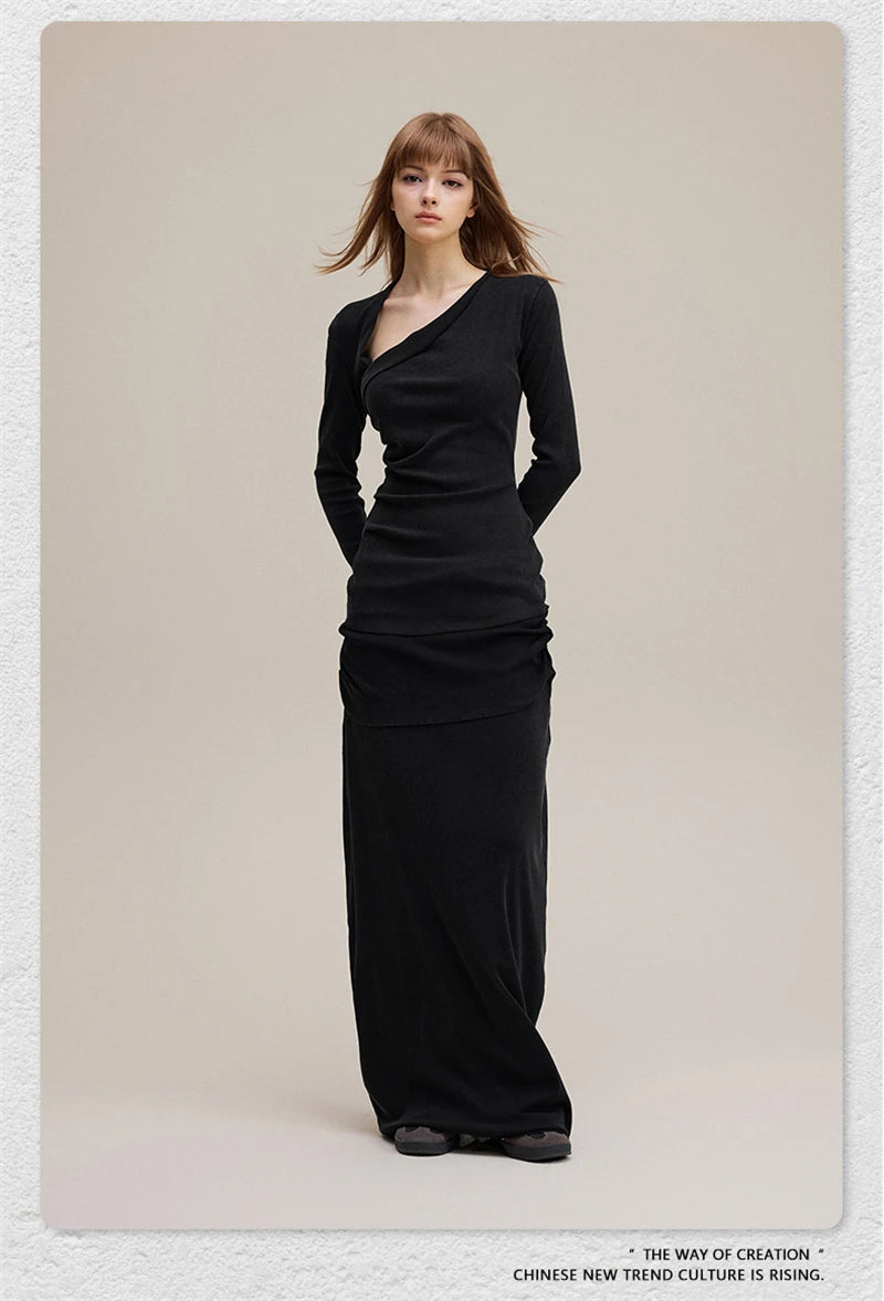 ZODF Retro Sexy Women Autumn Washed 275gsm T Shirt Ladies Girls Distressed Side Pleated Full Sleeve T-Shirts Tees HY1107