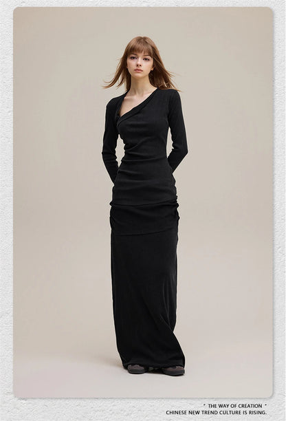 ZODF Retro Sexy Women Autumn Washed 275gsm T Shirt Ladies Girls Distressed Side Pleated Full Sleeve T-Shirts Tees HY1107