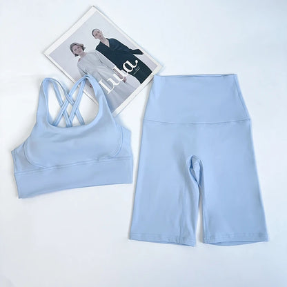 2 Pieces Yoga Shorts Gym Sports Sets Women Fitness Suits Cross Back Bra Top High Waist Shorts Running Workout Clothes Tracksuit