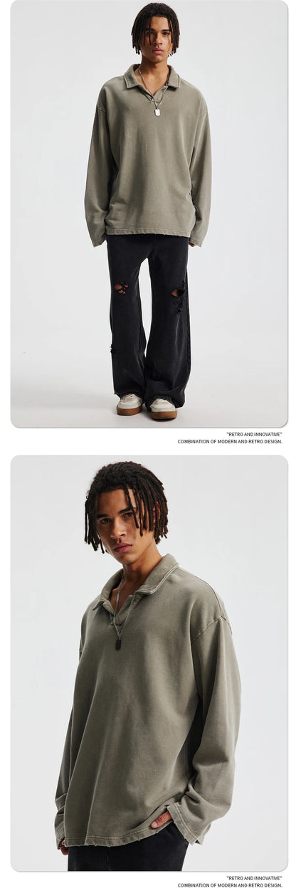 ZODF Retro Heavy Weight 400gsm Washed Cotton T-Shirts For Man Unisex Full Sleeve Turn Down Collar T Shirt Brand Tops HY1087