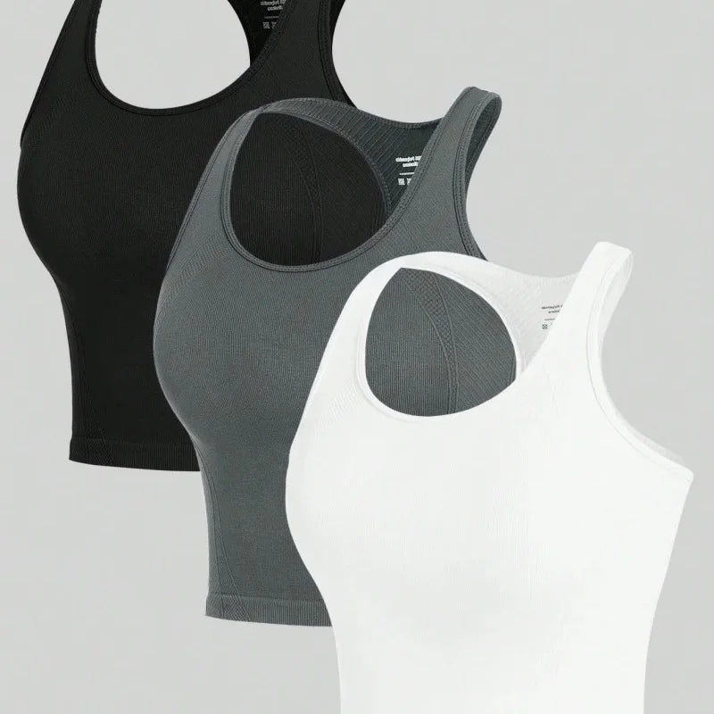 3 Piece Women’s Yoga Vest Set Seamless Racerback Crop Tops Rib Knit Breathable Workout Tank Top