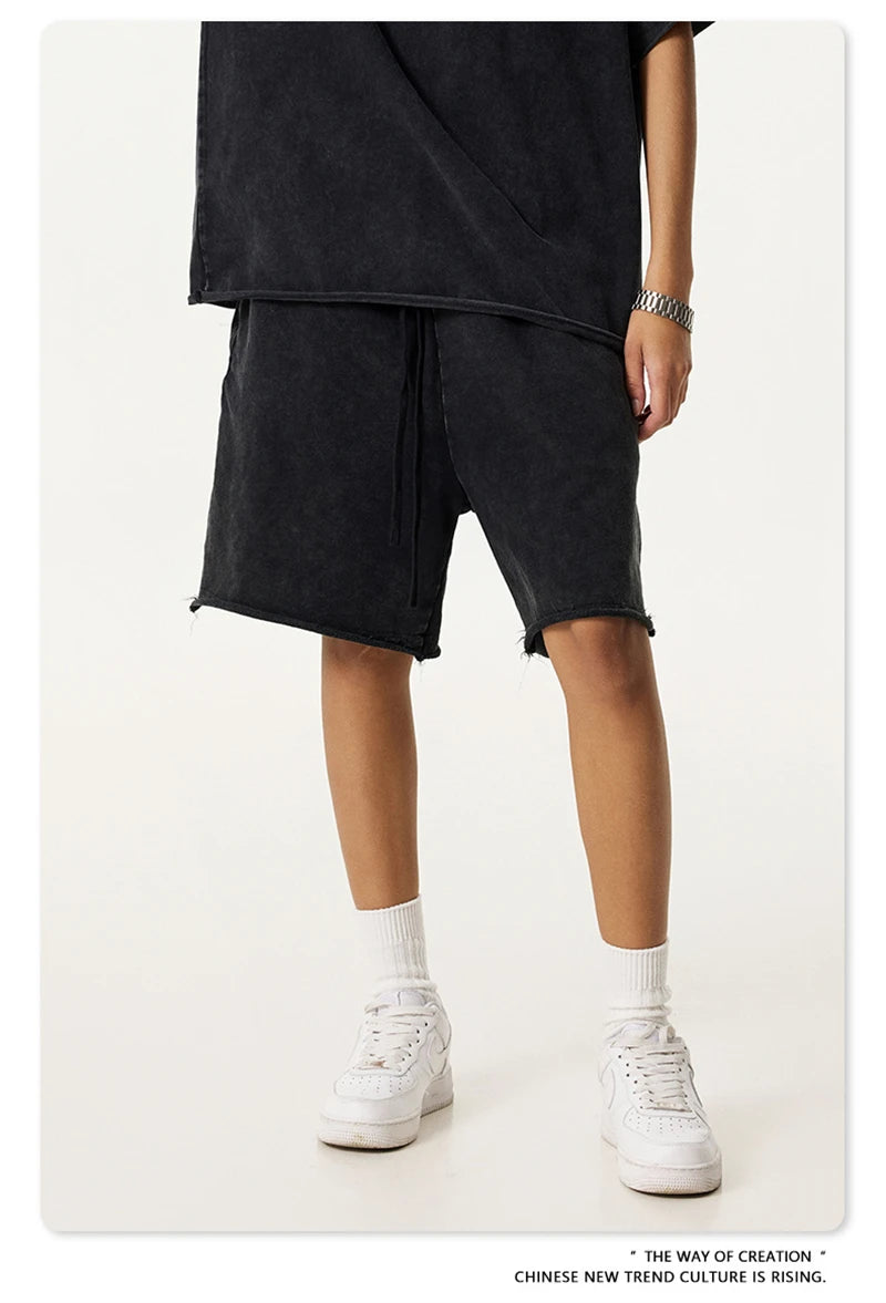 ZODF New 2025 Men Summer Loose Edge Washed Cotton Shorts Unisex Retro High Street Distressed 330gsm Shorts Brand Clothes HY1056