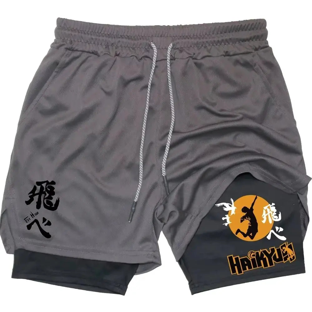 Anime Haikyuu Men's Shorts Quick-dry Pants Summer Graphic Print Workout Training Fitness Double Layer 2-in-1 Sports Gym Shorts