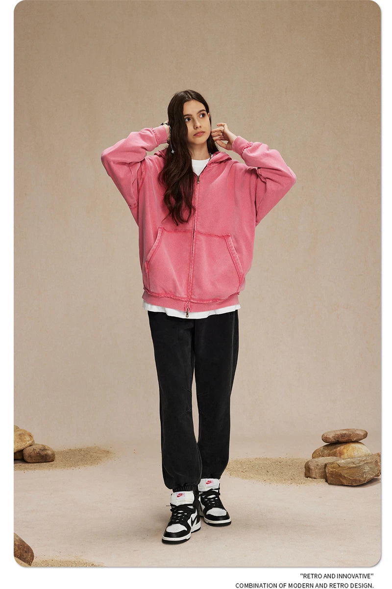 ZODF Retro Men's Heavyweight 450gsm Zipper Hoodies Unisex Loose Distressed Washed Batik Knitted Hooded Coat Jacket HY0889