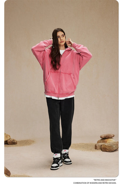 ZODF Retro Men's Heavyweight 450gsm Zipper Hoodies Unisex Loose Distressed Washed Batik Knitted Hooded Coat Jacket HY0889