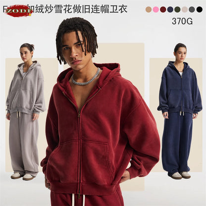 ZODF New 2025 Winter Man's Fleece Zipper Hoodies Unisex Retro 370gsm Loose Boxy Batik Washed Hooded Coats Sweatshirts HY1164