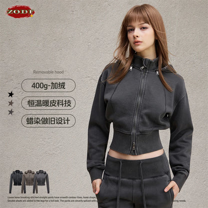 ZODF Vintage 2025 Winter Batik Washed Crop Hoodies Female Girls Remove Hood Heavy Weight Sport 400gsm Hooded Coat HY1085