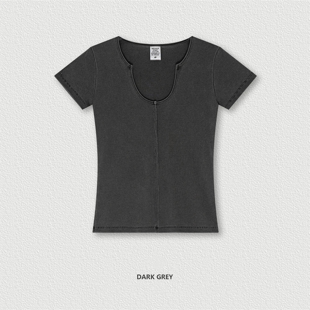 ZODF Women Retro 2025 Summer 275gsm U Collar Washed T-Shirts Hotsweet Girls Sexy Slim Fit T Shirt Brand Tees HY0992