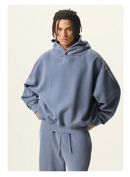 ZODF Vintage 350gsm Man Washed Boxy Fleece Hoodie Unisex Loose Ripped Warm Button Winter Hooded Pullovers Brand Clothing HY0053