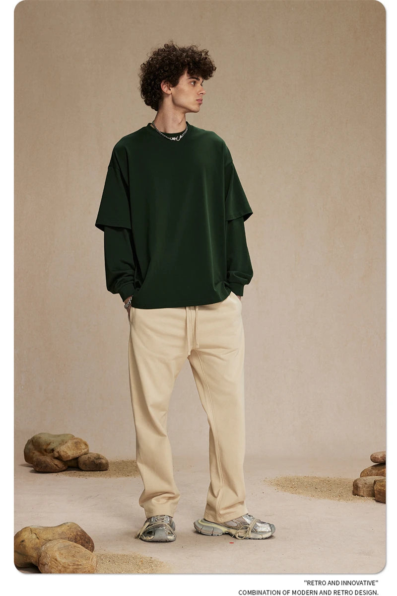 ZODF Fashion Spring Autumn Men 100% Cotton T-Shirt Unisex Fake 2-Piece 305gsm Solid Full Sleeve O Neck T Shirt Brand Tees HY0925