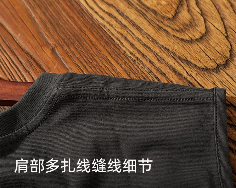 Summer New American Retro Sleeveless O-neck Soild Color T-shirt Men's Fashion 100% Cotton Washed Old Casual Sports Vest Tops