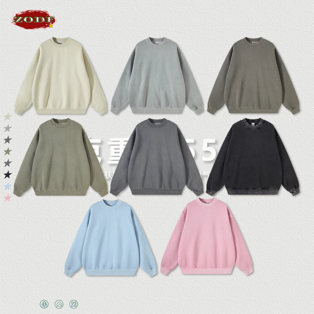 ZODF New Men Winter 355gsm Washed Fleece Sweatshirts Retro Unisex Oversized Solid O-Neck Warm Pullovers Coat Streetwears HY0639