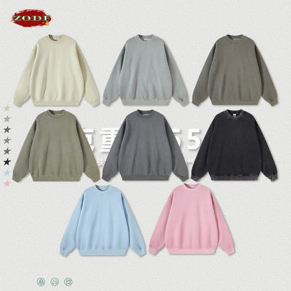 ZODF New Men Winter 355gsm Washed Fleece Sweatshirts Retro Unisex Oversized Solid O-Neck Warm Pullovers Coat Streetwears HY0639