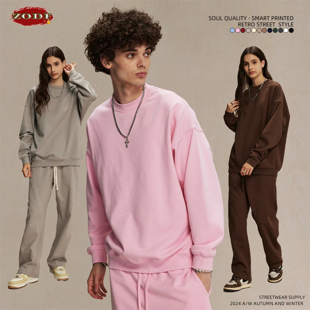 ZODF 2024 Autumn Winter Men's Basic O-Neck Sweatshirt Unisex Loose Solid 430gsm Terry Pullovers Streetwears HY0910