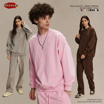 ZODF 2024 Autumn Winter Men's Basic O-Neck Sweatshirt Unisex Loose Solid 430gsm Terry Pullovers Streetwears HY0910
